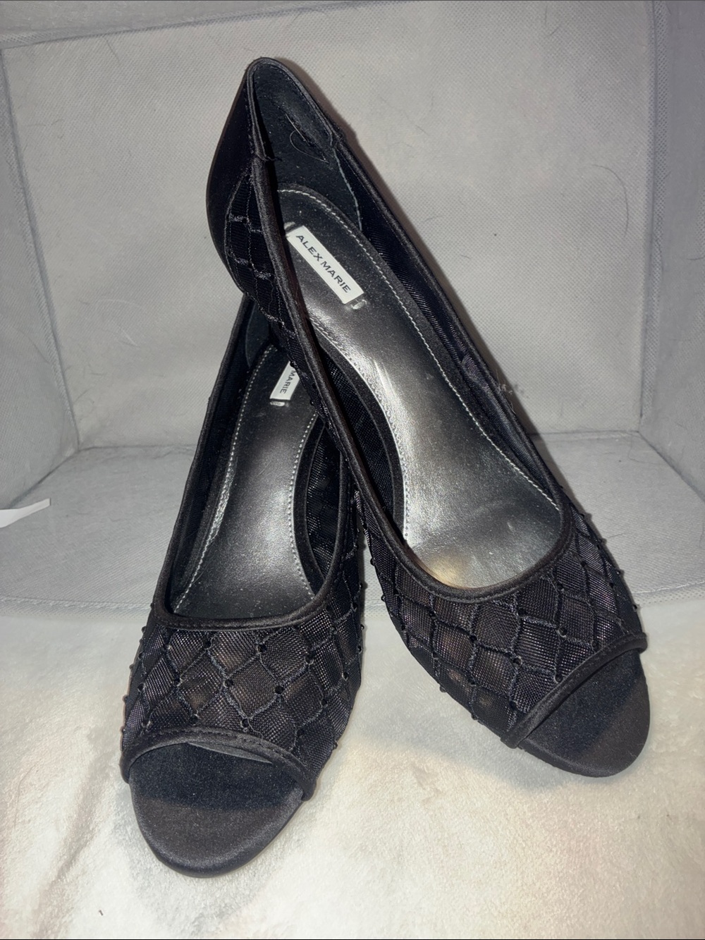 Alex Marie Black Peep-Toe Mesh Heels - Women's Evening Pumps. Never Worn.